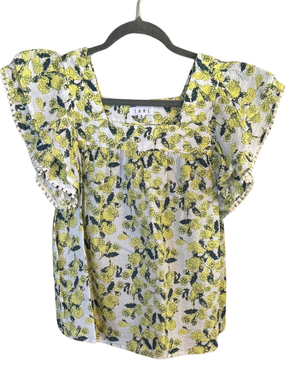 THML Yellow Floral Square-Neck Flutter Sleeve Top